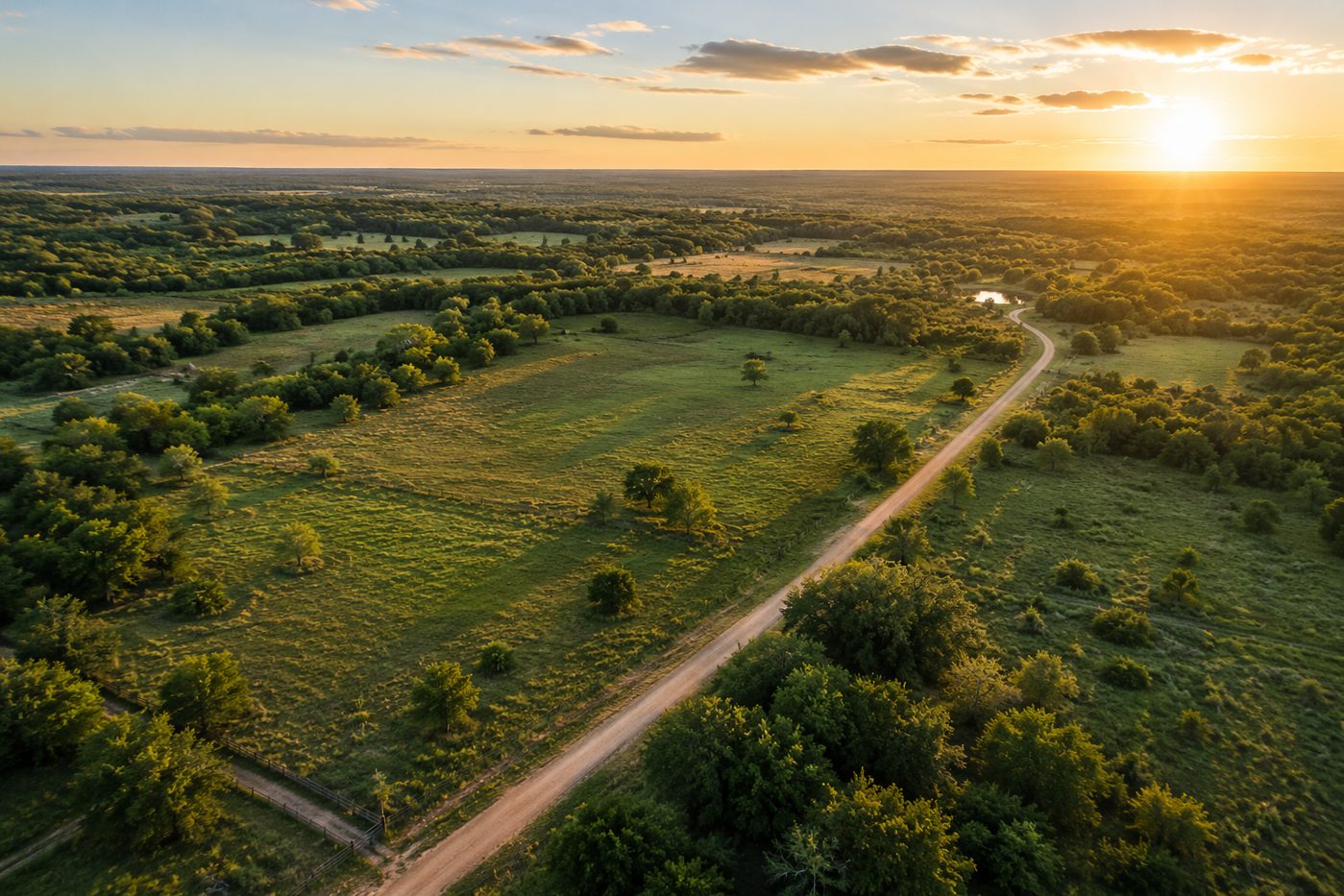 Open rural land at sunset